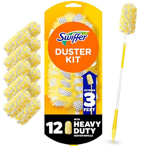 Swiffer Duster Heavy Duty Dusting Kit, Cleaning Supplies, 3 ft Extended Handle, 1 Duster, 12 Refills - Image 1