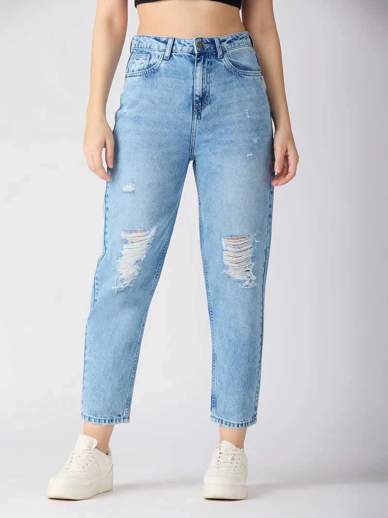 جلو باص جينز نسائي جلوبس بخصر عالٍ وفتحات عند الركبة بقصة برميلية