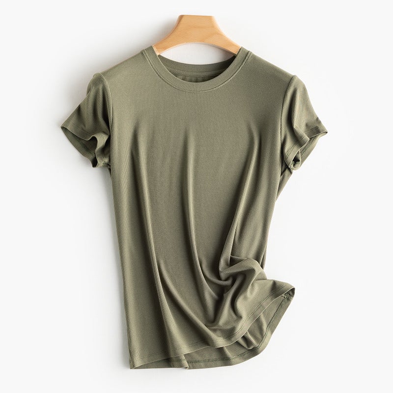 Ins Trendy Internet Celebrity Mulberry Silk No-Iron Thread U-Neck Knitted Pure Color Goddess 2025 Summer New Short-Sleeved T-Shirt for Women - Image 1