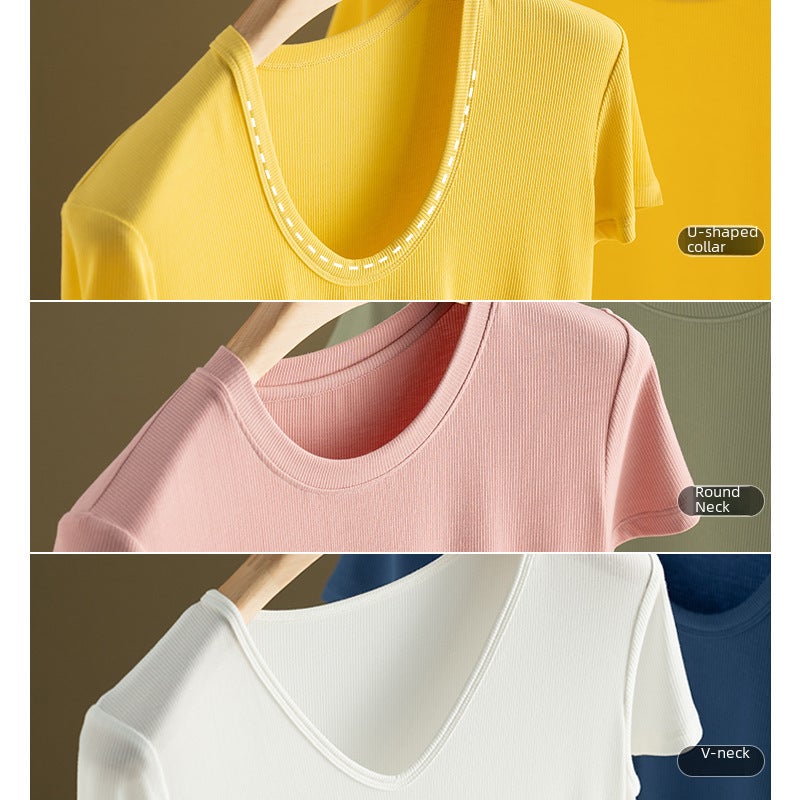 Ins Trendy Internet Celebrity Mulberry Silk No-Iron Thread U-Neck Knitted Pure Color Goddess 2025 Summer New Short-Sleeved T-Shirt for Women - Image 4