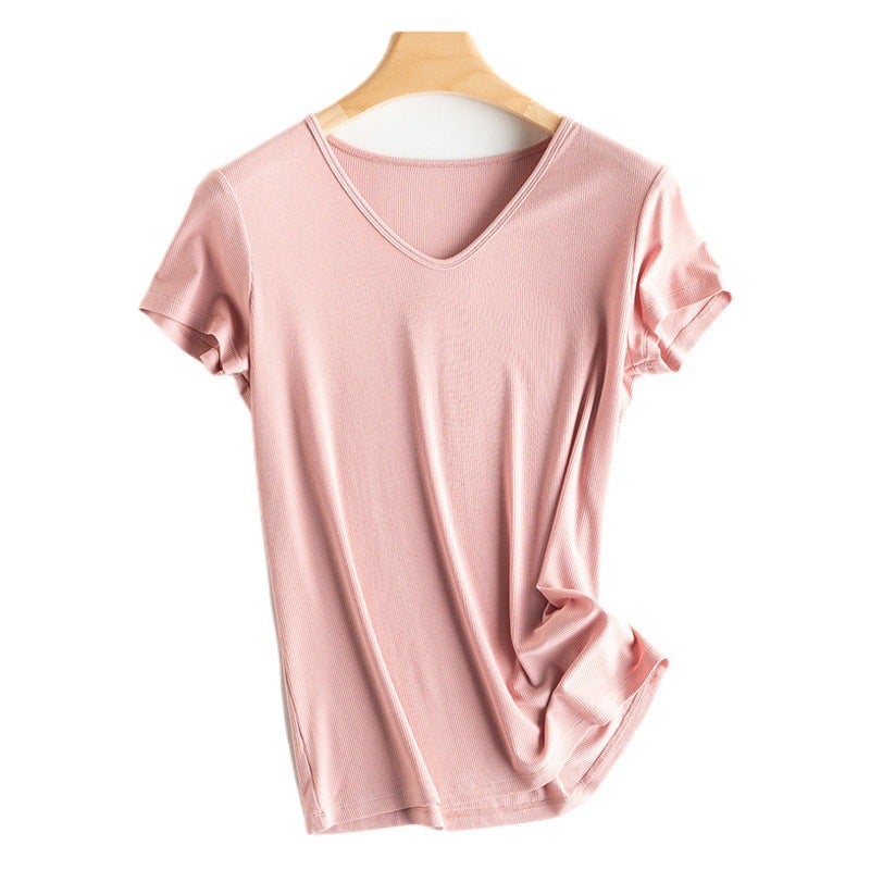 Ins Trendy Internet Celebrity Mulberry Silk No-Iron Thread U-Neck Knitted Pure Color Goddess 2025 Summer New Short-Sleeved T-Shirt for Women - Image 2
