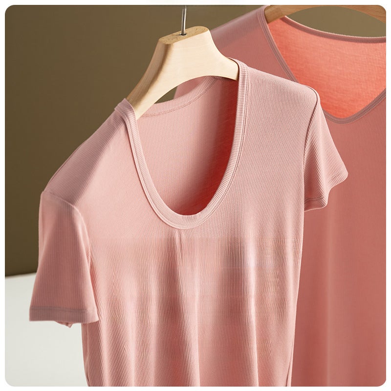 Ins Trendy Internet Celebrity Mulberry Silk No-Iron Thread U-Neck Knitted Pure Color Goddess 2025 Summer New Short-Sleeved T-Shirt for Women - Image 3