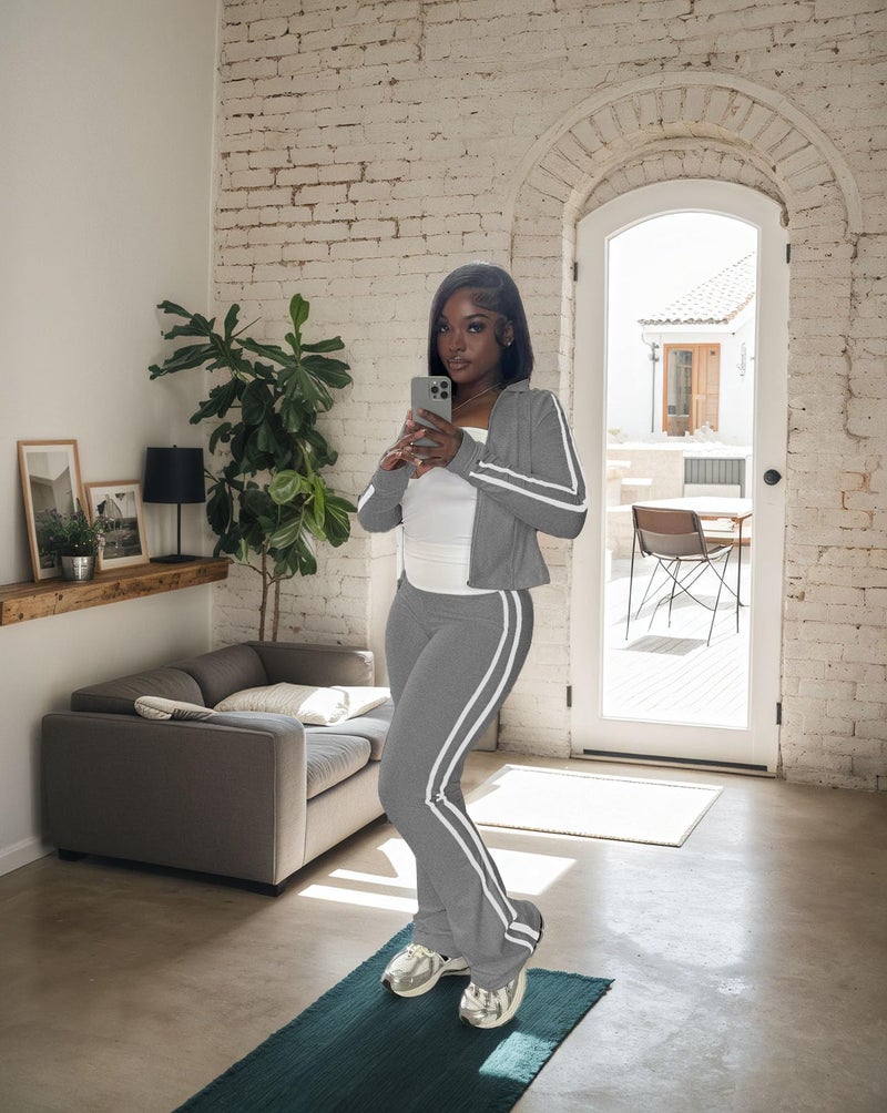 HBQ Women's 2 Piece Sweatsuit Sets Zip Up Crop Tops and Flare Pants Casual Striped Tracksuit Jogger Loungewear Set-Grey-S - Image 2