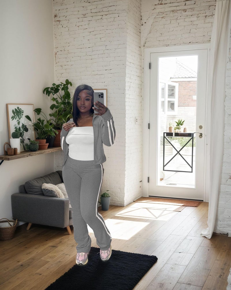 HBQ Women's 2 Piece Sweatsuit Sets Zip Up Crop Tops and Flare Pants Casual Striped Tracksuit Jogger Loungewear Set-Grey-S - Image 4