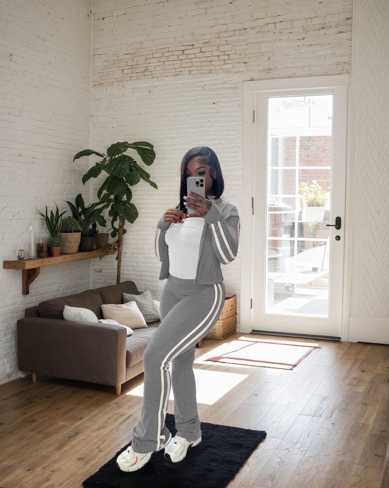 HBQ Women's 2 Piece Sweatsuit Sets Zip Up Crop Tops and Flare Pants Casual Striped Tracksuit Jogger Loungewear Set-Grey-S - Image 5