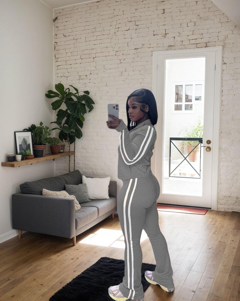 HBQ Women's 2 Piece Sweatsuit Sets Zip Up Crop Tops and Flare Pants Casual Striped Tracksuit Jogger Loungewear Set-Grey-S - Image 3