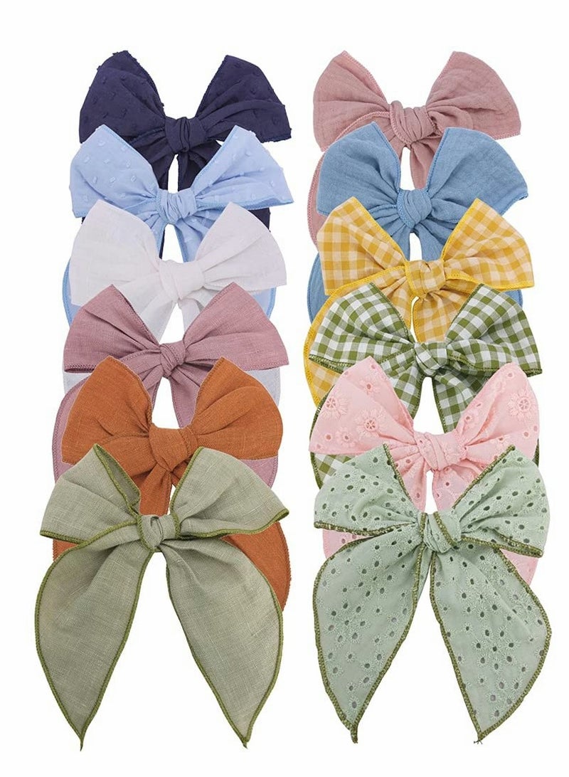 12 Pieces Embroidered Big Bow Hair Clips for Baby Girls and Women - Handmade Cotton Linen Hair Accessories in Assorted Colors - Image 1