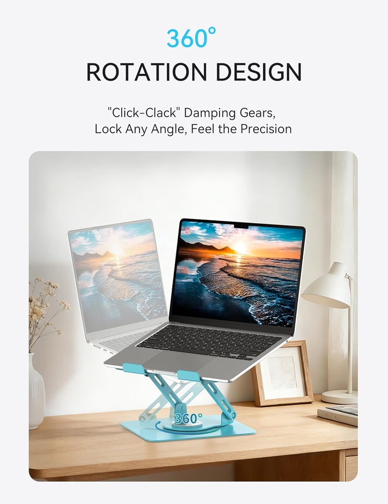SOUNDANCE Laptop Stand with 360° Rotating Base, Ergonomic Computer Riser for Desk, Adjutable Height Muti-Angle, Foldable Laptop Mount, Stable Metal Holder Support 10-15.6" Notebook PC, Blue - Image 2