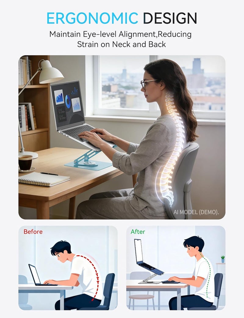 SOUNDANCE Laptop Stand with 360° Rotating Base, Ergonomic Computer Riser for Desk, Adjutable Height Muti-Angle, Foldable Laptop Mount, Stable Metal Holder Support 10-15.6" Notebook PC, Blue - Image 3