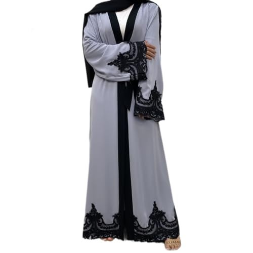 AFAVOM Turkey Abaya for Women Islamic Muslim Prayer Dress Long Sleeve Embroidered Open Front Cardigan Kaftan Ankle Length Dubai Robe Maxi Dress Casual Turkish Modest Dress with Belt Gray S - Image 1