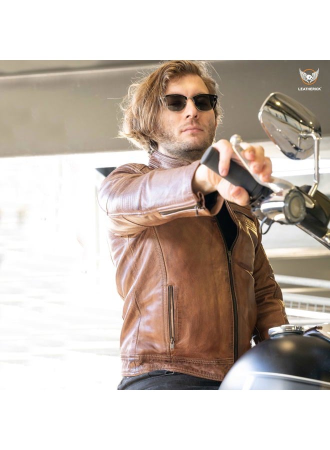 Leatherick Mens Distressed Tan Brown Genuine Leather Cafe Racer Biker Jacket Retro Style Vintage Jacket (UK, Alpha, XL, Regular, Regular) - Image 4