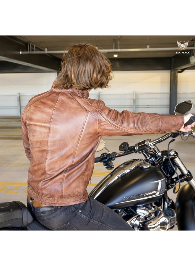 Leatherick Mens Distressed Tan Brown Genuine Leather Cafe Racer Biker Jacket Retro Style Vintage Jacket (UK, Alpha, XL, Regular, Regular) - Image 3