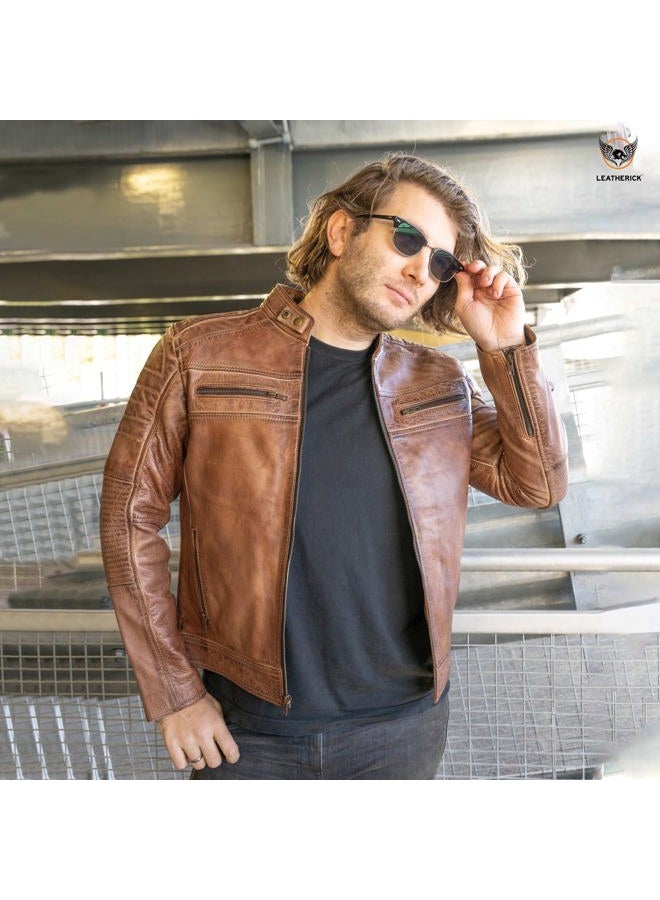 Leatherick Mens Distressed Tan Brown Genuine Leather Cafe Racer Biker Jacket Retro Style Vintage Jacket (UK, Alpha, XL, Regular, Regular) - Image 2