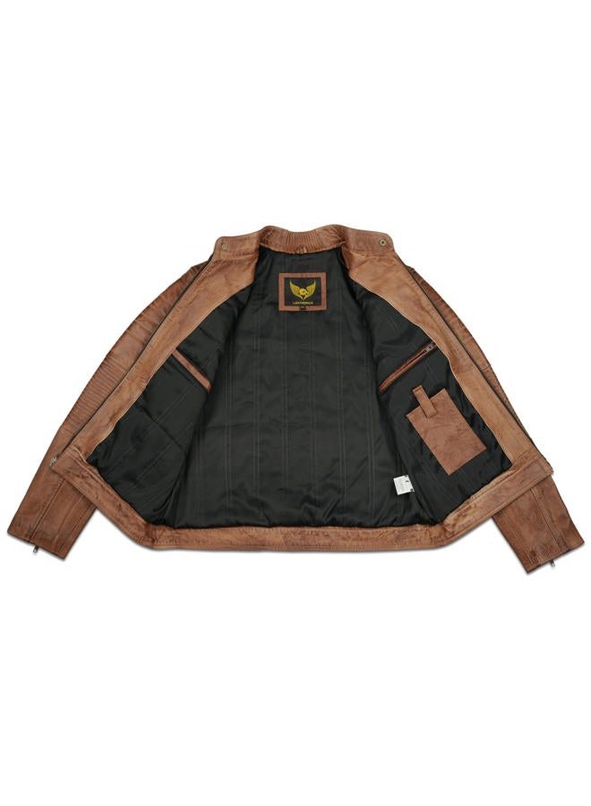 Leatherick Mens Distressed Tan Brown Genuine Leather Cafe Racer Biker Jacket Retro Style Vintage Jacket (UK, Alpha, XL, Regular, Regular) - Image 5