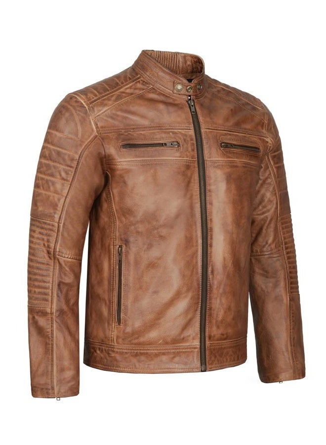 Leatherick Mens Distressed Tan Brown Genuine Leather Cafe Racer Biker Jacket Retro Style Vintage Jacket (UK, Alpha, XL, Regular, Regular) - Image 1