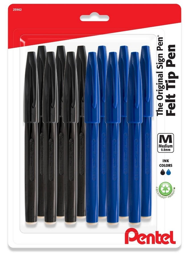 Pentel Sign Pen - Felt Tip Pens - Fiber-tipped - Pack of 6 Black Felt Tip Pens with 6 Blue Felt Pens (12 Pack) - 0.8mm Medium Point Marker Pens - Image 1