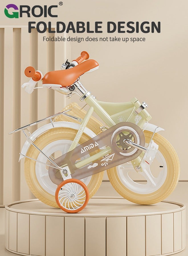 GROIC British Style Folding Kids Bike, 12" Children Bicycle with Basket, Seat Rack, Training Wheels and Dual Handbrakes, Toddler Sport Bicycle for 3+ Years Old Girls Bike Boys Bike - Image 3