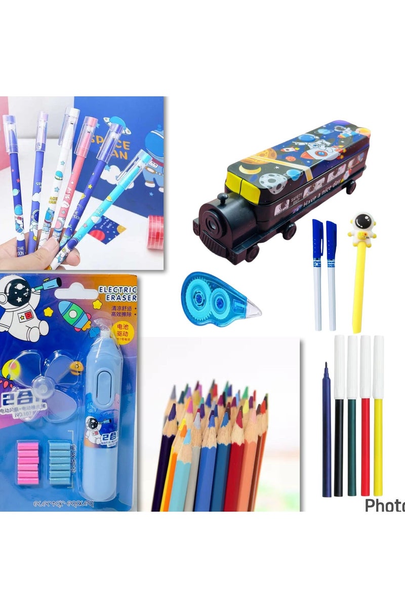 مجموعة أدوات مدرسية مكونة من 29 قطع (مقلمة  اتوبيس و برايه + 12 الوان قلم خشب + 6 قلم جل فضاء قابل للمسح + 6 الوان فلوماستر + 2 قلم جاف + قلم سنون رائد فضاء + استيكة للأطفال مزودة بمروحة  + كوريكتور شريط تصحيح ) - Image 1