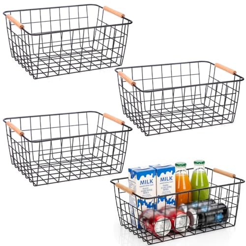 LeleCAT Wire Baskets with Wooden Handles, Wire Storage Organizer Baskets, Household Refrigerator for Cabinets, Pantry, Closets, Bedrooms - Set of 4（Black) - Image 1