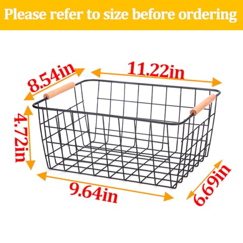 LeleCAT Wire Baskets with Wooden Handles, Wire Storage Organizer Baskets, Household Refrigerator for Cabinets, Pantry, Closets, Bedrooms - Set of 4（Black) - Image 2