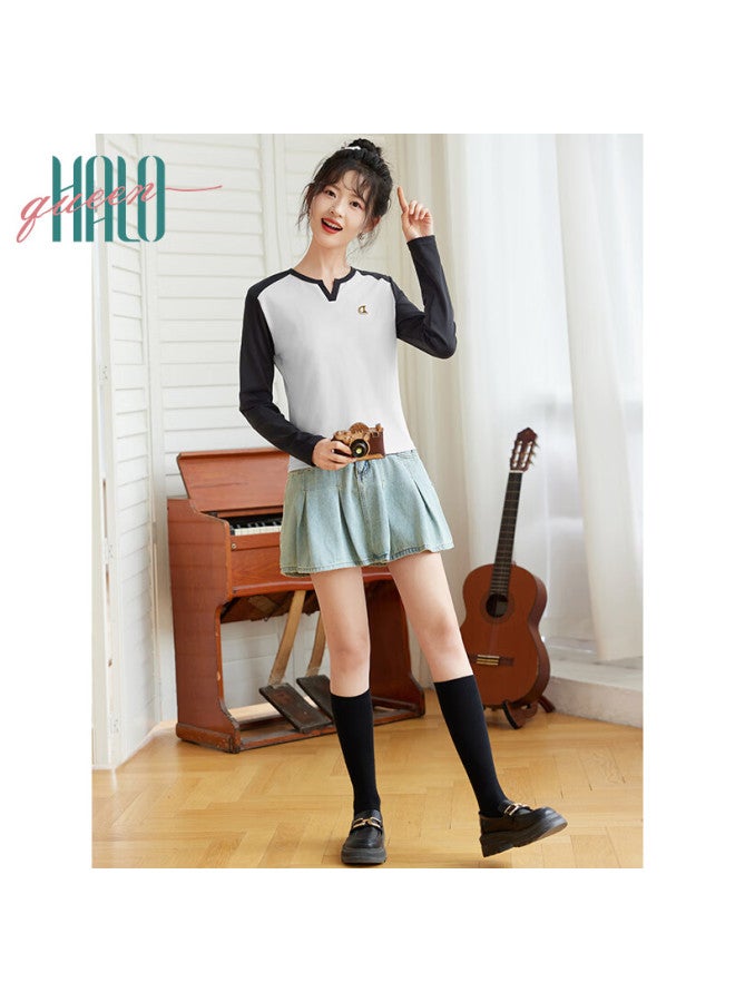 HALOQUEEN Halo Queen Long-sleeve T-shirt For Women, Spring And Autumn V-neck Contrasting Color Design, Fashionable Slimming Outerwear Versatile Top New Product H143t - Image 3
