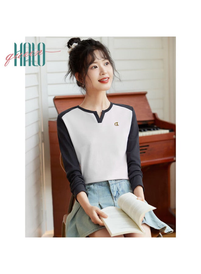 HALOQUEEN Halo Queen Long-sleeve T-shirt For Women, Spring And Autumn V-neck Contrasting Color Design, Fashionable Slimming Outerwear Versatile Top New Product H143t - Image 2
