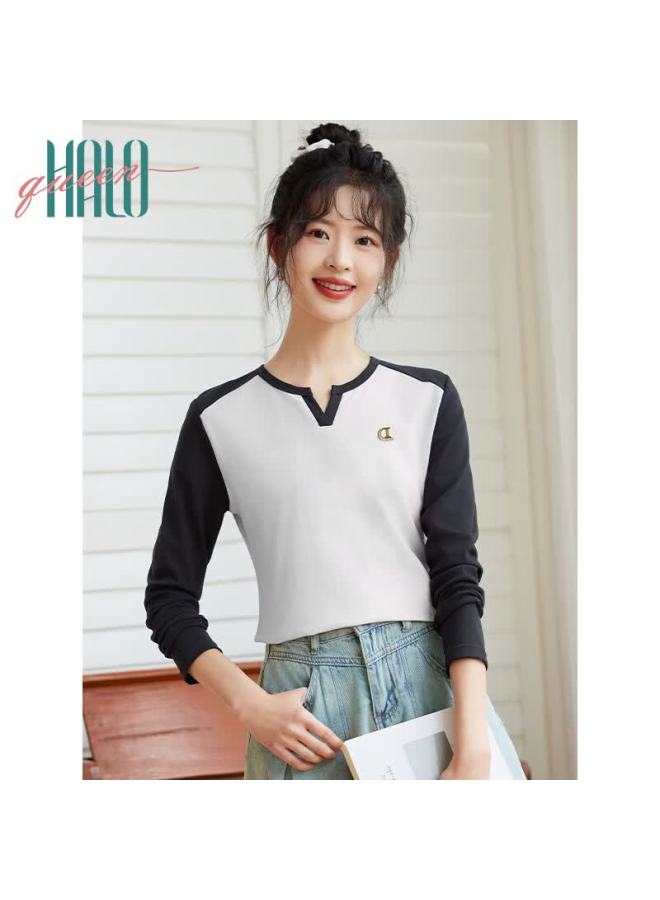HALOQUEEN Halo Queen Long-sleeve T-shirt For Women, Spring And Autumn V-neck Contrasting Color Design, Fashionable Slimming Outerwear Versatile Top New Product H143t - Image 1