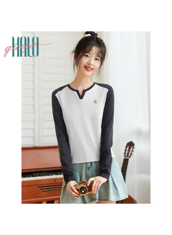 HALOQUEEN Halo Queen Long-sleeve T-shirt For Women, Spring And Autumn V-neck Contrasting Color Design, Fashionable Slimming Outerwear Versatile Top New Product H143t - Image 5