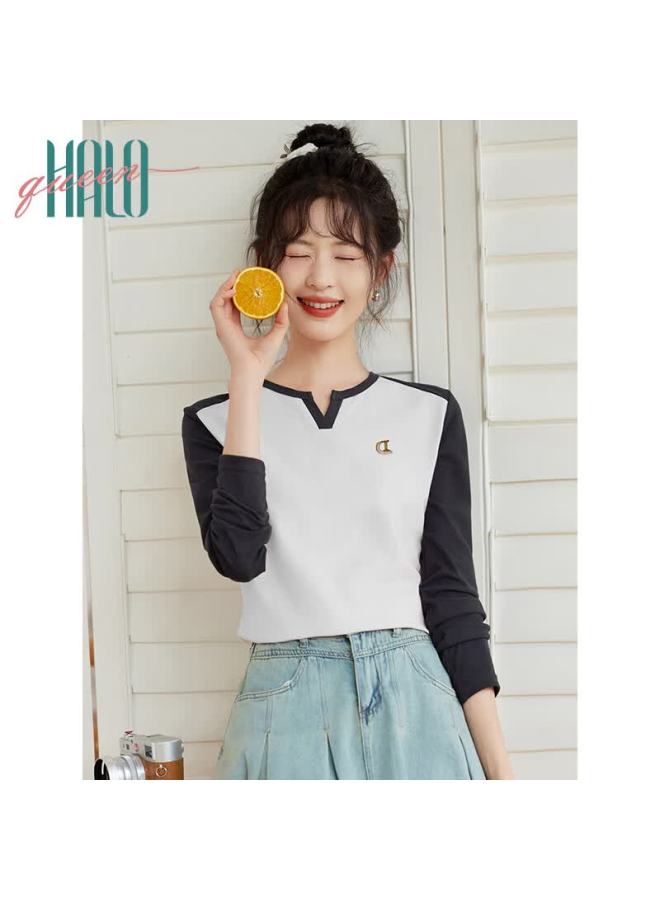 HALOQUEEN Halo Queen Long-sleeve T-shirt For Women, Spring And Autumn V-neck Contrasting Color Design, Fashionable Slimming Outerwear Versatile Top New Product H143t - Image 4