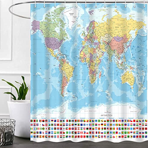 iTapnoom World Map Shower Curtain Map of The World with National Educational Fabric Shower Curtains Set for Bathroom Boys Girls Kids Map Bath Decor with Hooks 72 X 72 Inch