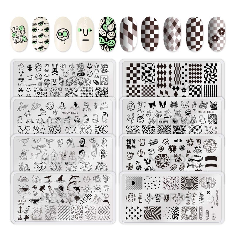 MRFOX Nail Stamping Plate Set 8Pcs Nail Art Stamp Kit Templates for Women with Plenty of Images