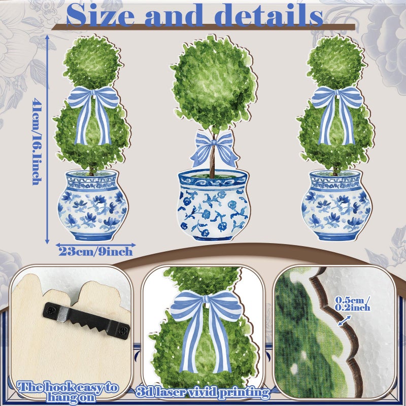 Yinder 3 Pcs Chinoiserie Bonsai Wall Hanger Decor Sign Rustic Topiary Wooden Hanger Wall Plaque Decor Vintage Farmhouse Decoration for Kitchen Living Dinning Room Bedroom 15.7 in - Image 2