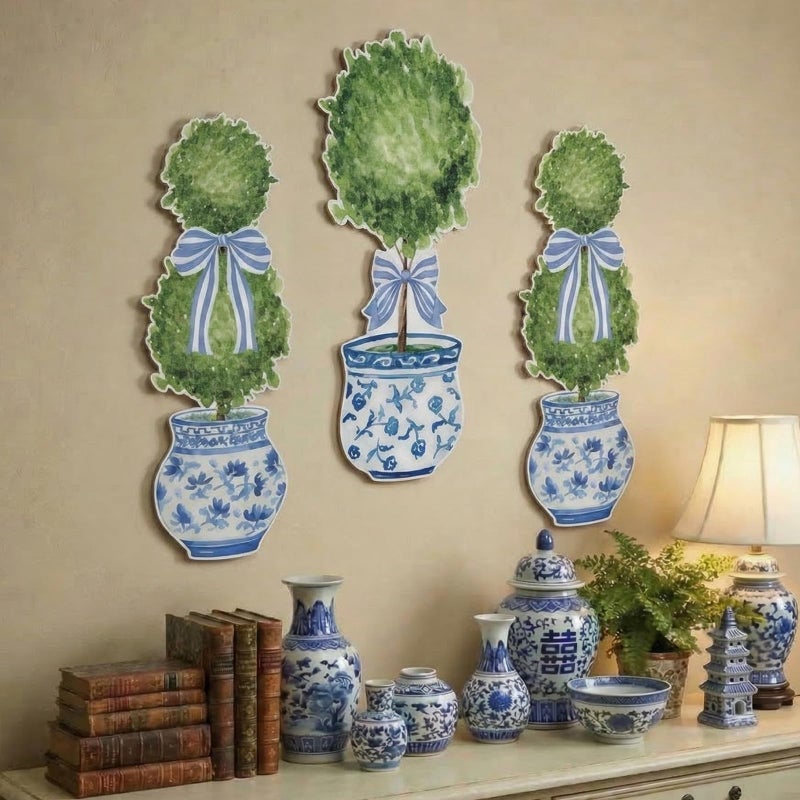 Yinder 3 Pcs Chinoiserie Bonsai Wall Hanger Decor Sign Rustic Topiary Wooden Hanger Wall Plaque Decor Vintage Farmhouse Decoration for Kitchen Living Dinning Room Bedroom 15.7 in - Image 1