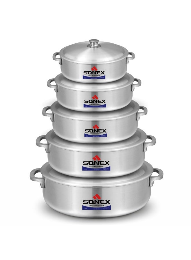 SONEX طقم قدر الطبخ سونيكس إمبريال 1/5 – مجموعة من 5 قدور ألومنيوم ضحلة، تصميم مستوحى من الكالديرو، أحجام من 2.5 لتر إلى 9 لتر، آمنة في غسالة الصحون، ووك متعدد الاستخدامات وقدر للطبخ - Image 1