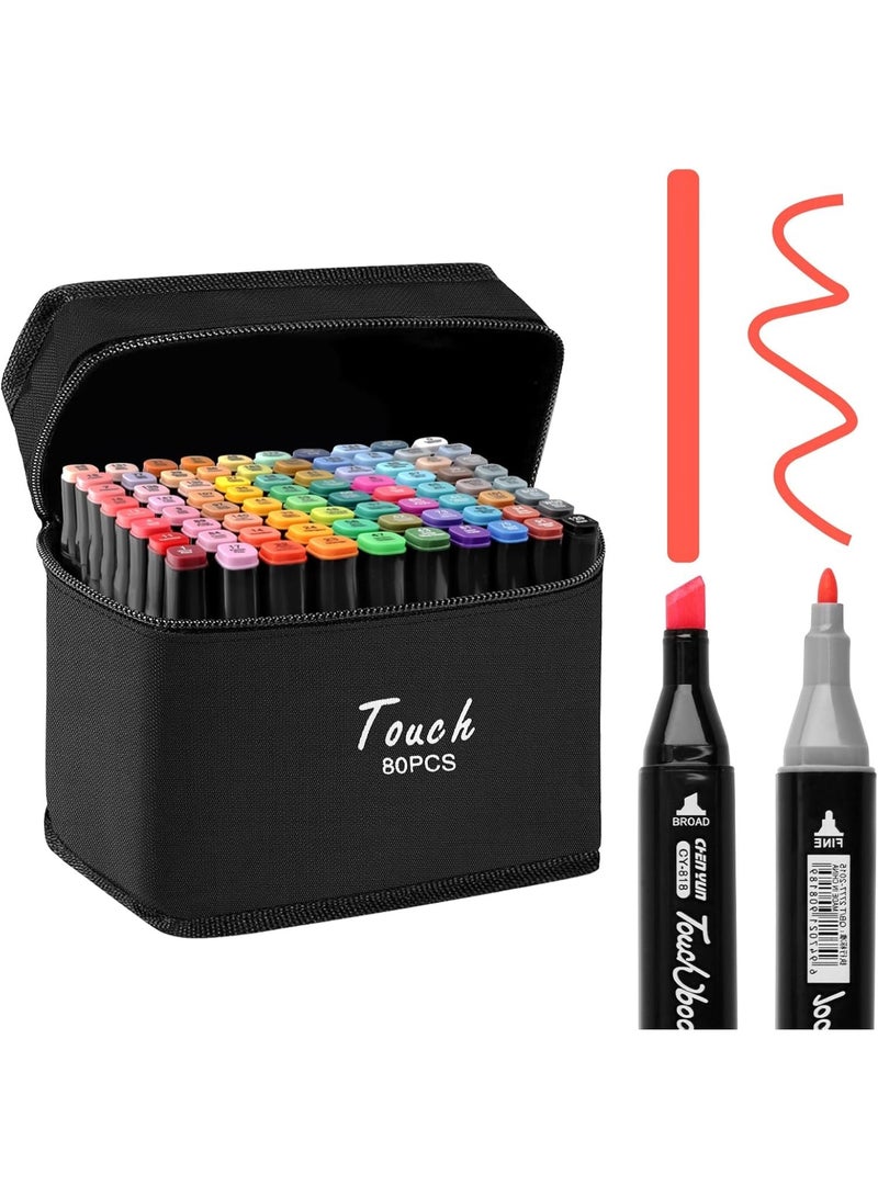 Touch Set of 80 dual-tip marker pens – Graphic drawing pens with a fine and broad dual-tip design for coloring, shading, design and art, permanent, non-toxic ink and comfortable to use, ideal for artists, students and designers. - Image 1