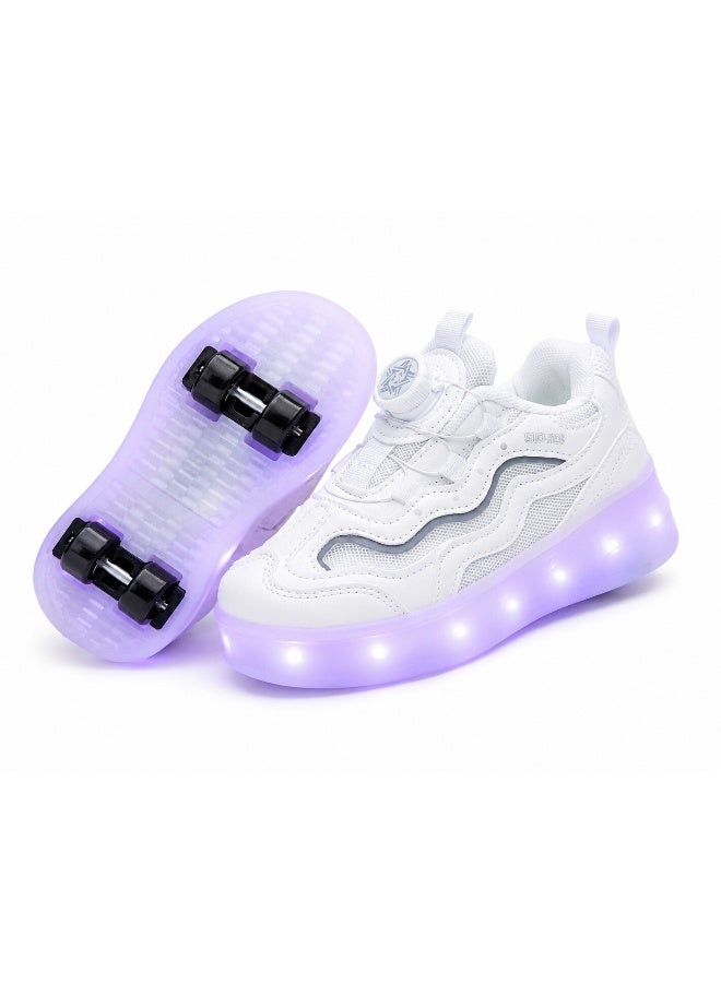 Toy Land Kids LED Roller Skating Shoes with Retractable Double Wheels, Adjustable Dial Closure, Breathable Mesh Sneakers, Light-Up Sole, White-Size34 - Image 1
