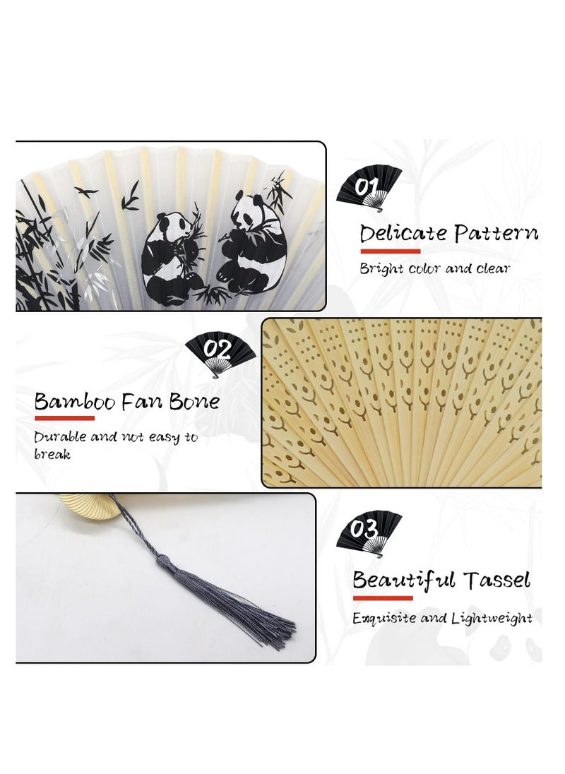 Generic Folding Hand Fans, Bamboo Handheld Silk Fans - Chinese Vintage Style Handheld Silk Folding Fan with Silk Storage Bag for Birthday Wedding Party Decoration (Grey-panda)  - Image 5