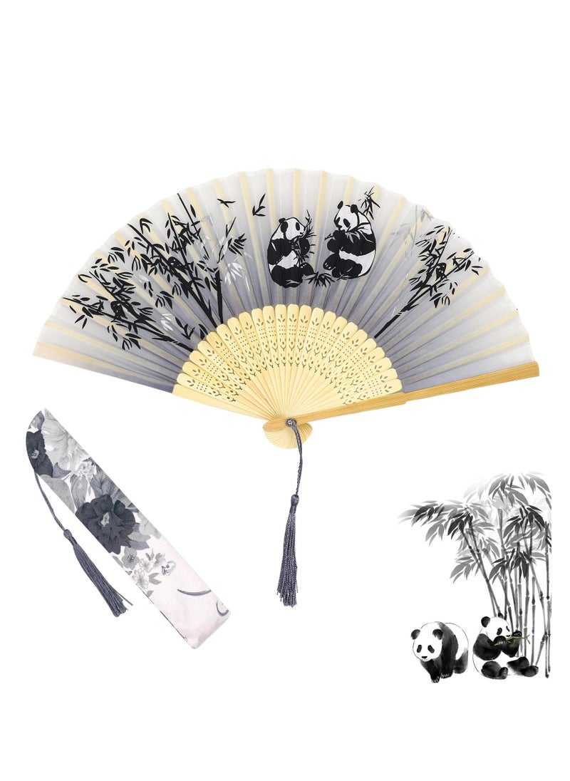 Generic Folding Hand Fans, Bamboo Handheld Silk Fans - Chinese Vintage Style Handheld Silk Folding Fan with Silk Storage Bag for Birthday Wedding Party Decoration (Grey-panda)  - Image 1