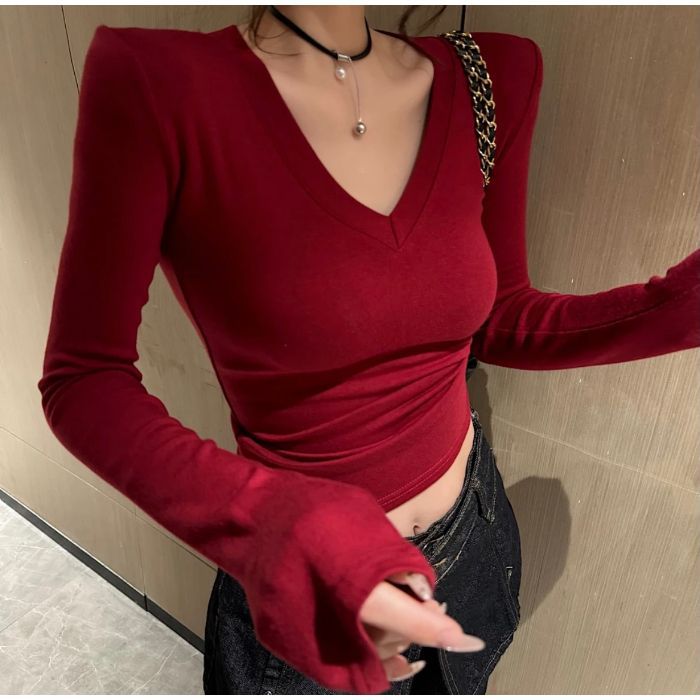 2024 Autumn and Winter New Fashion Pure Desire V-neck Solid Color All-match Design Sense Slim-fit Slimming Short Long-sleeved Top True red