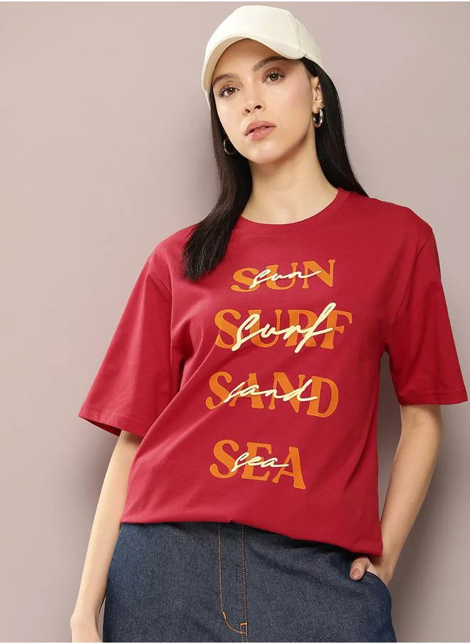 Dillinger Oversized Sun, Surf, Sand, Sea Slogan Print T-Shirt by Styli
