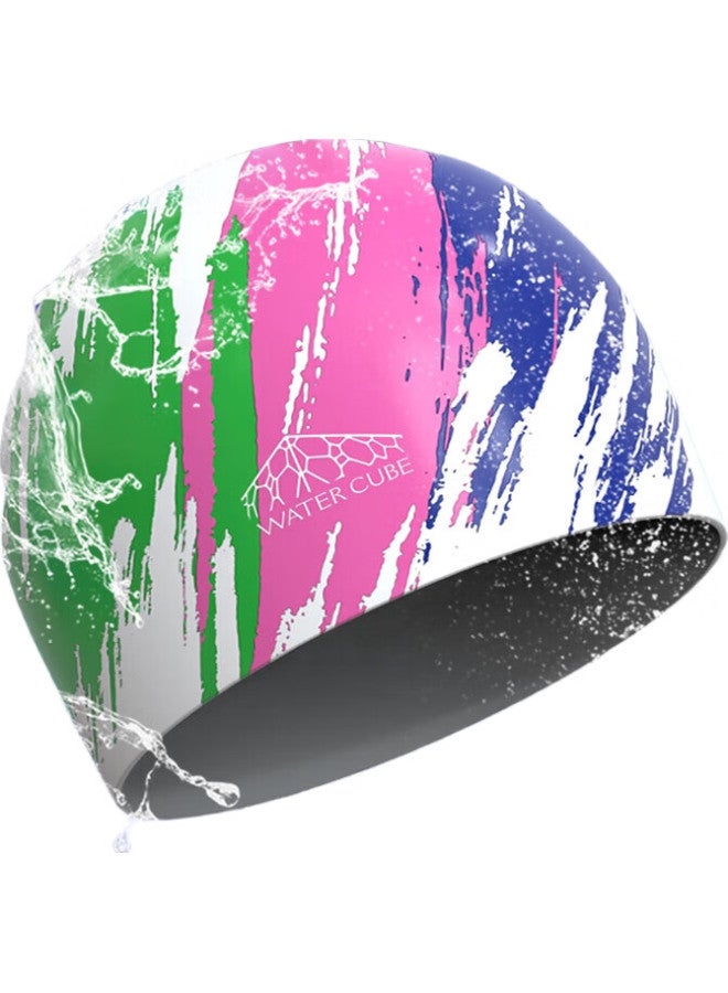 WATER CUBE Shuili Fang Swimming Cap, Unisex, Waterproof, Ear Protection, Non-Constricting, Enlarged, Comfortable, Printed Graffiti, Silicone Swim Cap - Image 1
