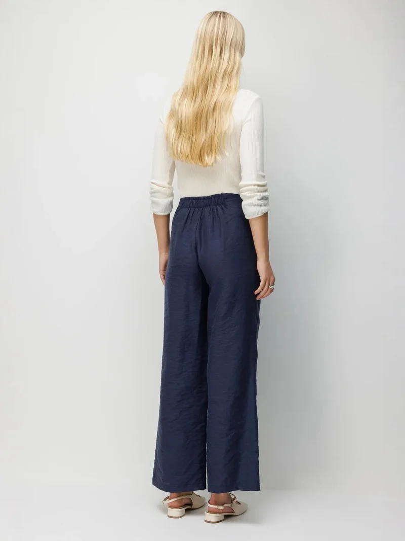 Mixray Navy Blue MIXRAY High Waist Textured Wide Leg Belted Pants for Women | Best Price UAE