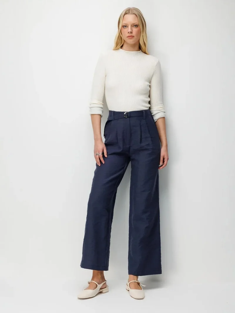 ميكسراي MIXRAY High Waist Textured Wide Leg Belted Pants