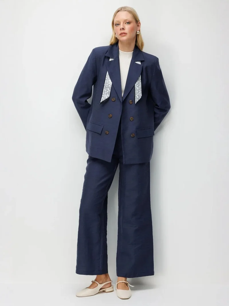 Mixray Navy Blue MIXRAY High Waist Textured Wide Leg Belted Pants for Women | Best Price UAE