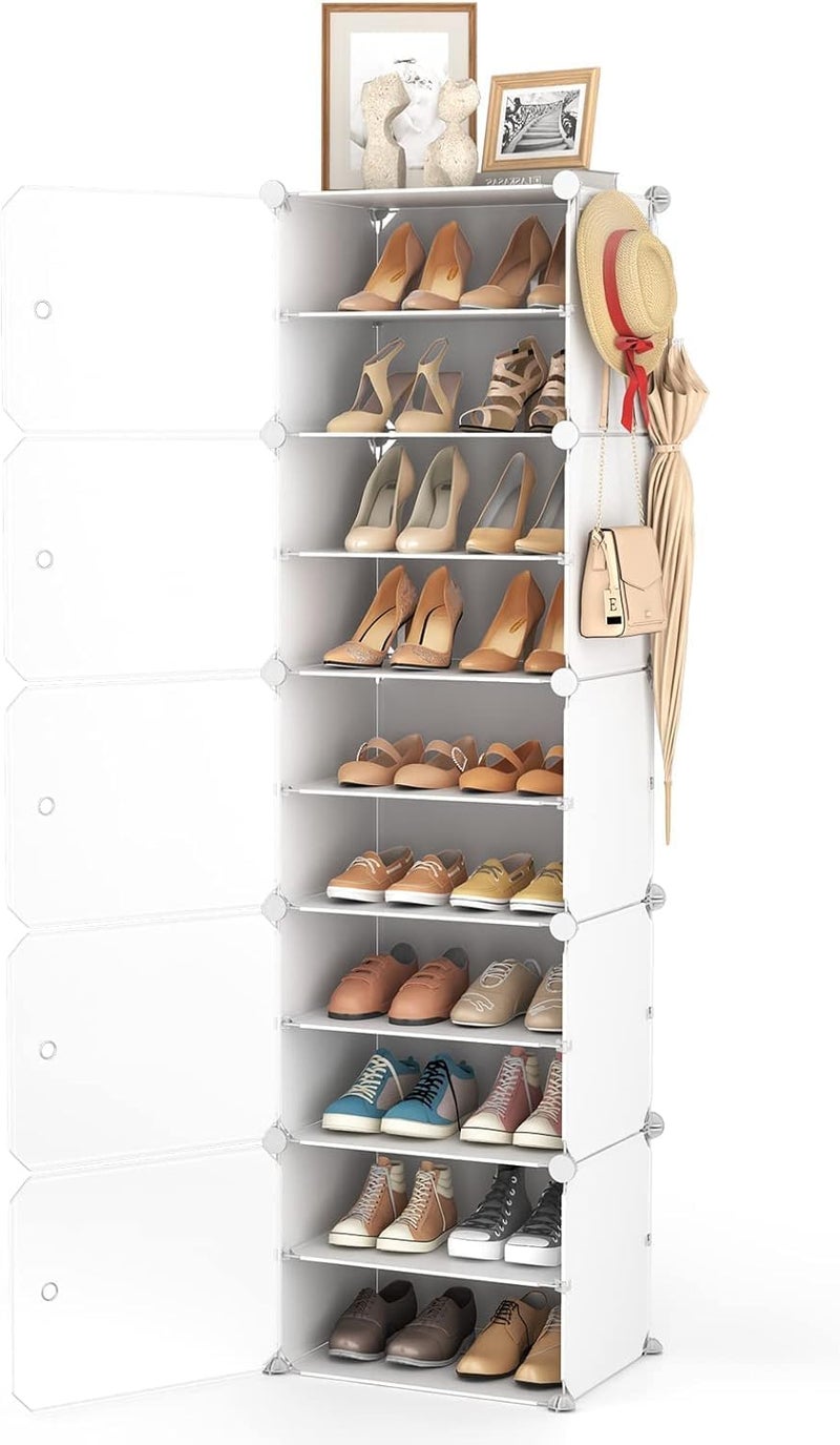 AYSIS DIY Shoe Rack for Home ^ 10 Layers Shoe Shelf Storage Cabinet Plastic Shoe Shelves Organizer/Multi-Purpose for Heels, Boots Plastic Portable and Folding Shoe Rack (10-SHELF-5-DOOR-WHITE) - Image 3