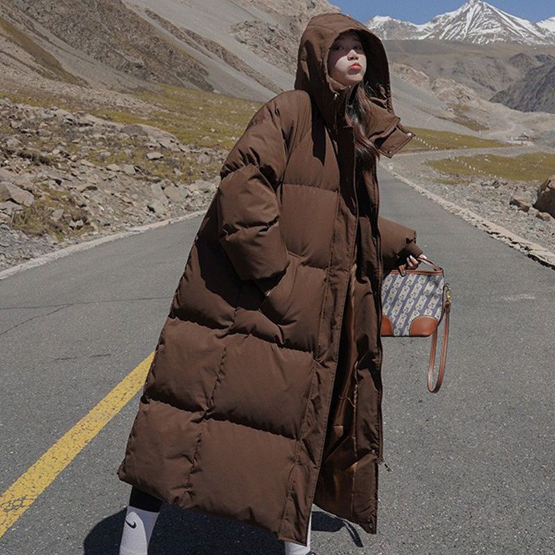 Winter Long Down Cotton Coat Womens Korean Hooded Parka denim blue