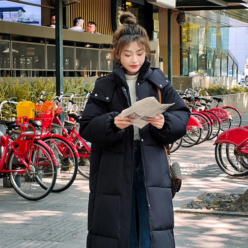 Winter Long Down Cotton Coat Womens Korean Hooded Parka denim blue