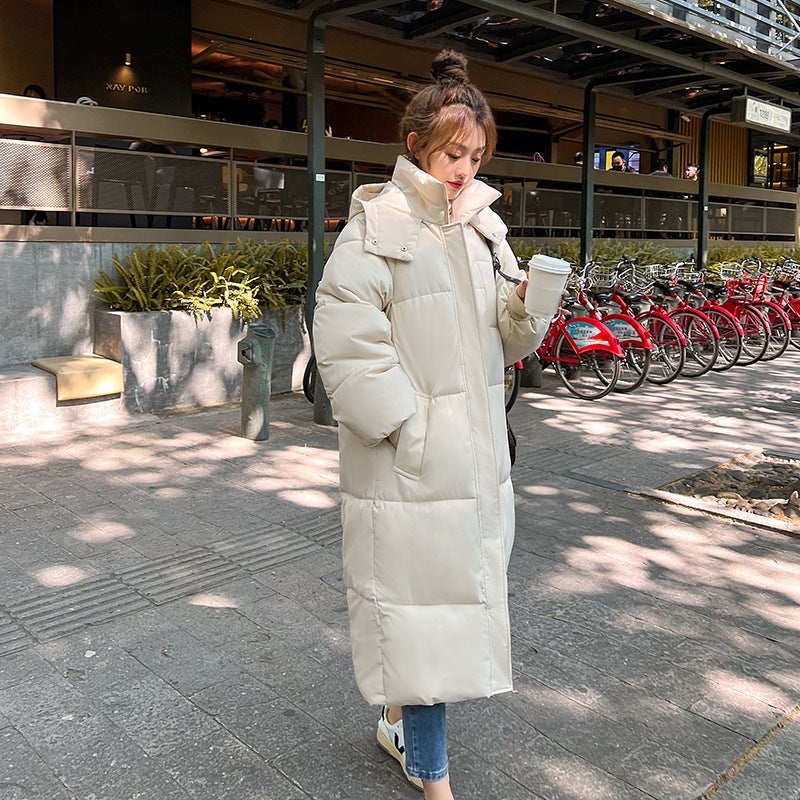 Winter Long Down Cotton Coat Womens Korean Hooded Parka denim blue