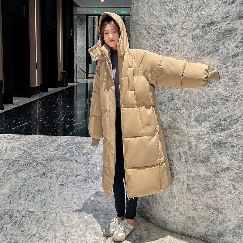 Winter Long Down Cotton Coat Womens Korean Hooded Parka denim blue