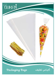 Cuken 100 Piece Clear Cone Cellophane Bags, DIY Gift Bags with Gold Twist Ties, Triangle Bags for Candies Cookies Snacks  - Image 1